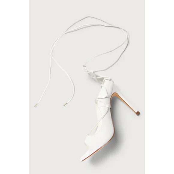 Lulus Wedding Dress Sayela White Lace-Up High Heels Open Toe Pumps 7 Sandals - Picture 4 of 10